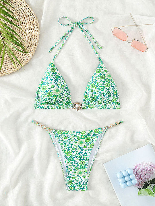 Damen Triangel-Bikini mit dekorativen Kettendetails und floralen Akzenten R&B