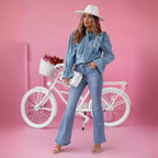Damen Denim Hemd mit Rüschen und Schleifen-Details R&B