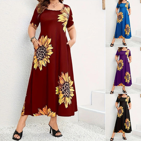 Damen Sommerliches Maxikleid mit floralem Sonnenblumenmuster und praktischen Taschen R&B