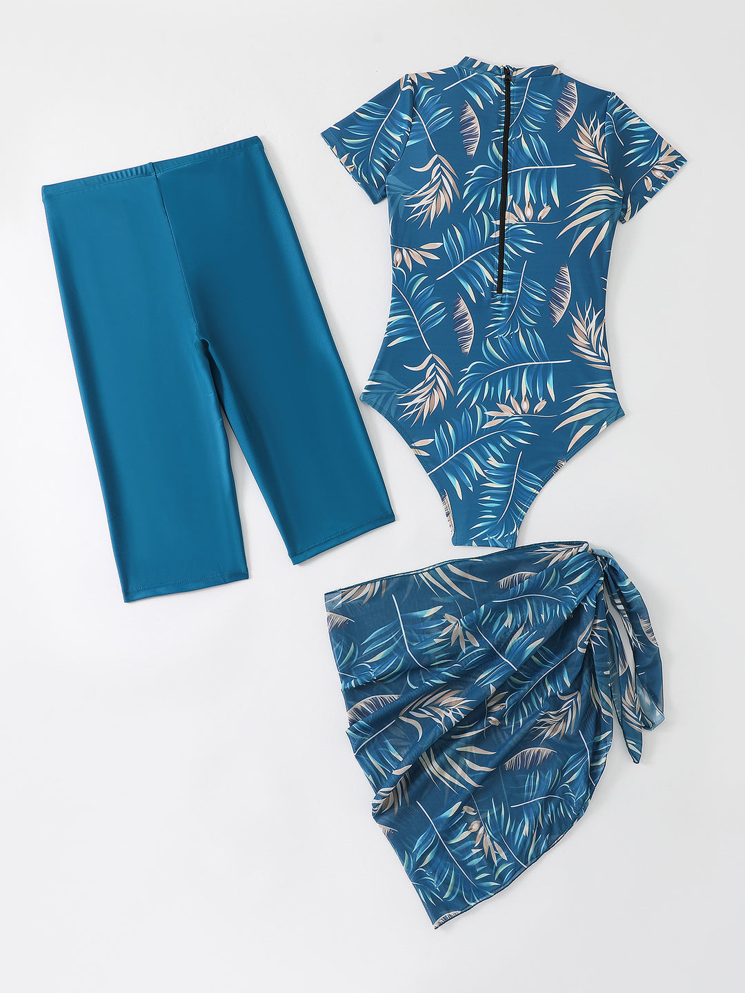Damen Sportlicher Einteiler Badeanzug mit ergänzenden Leggings und Wickelrock R&B