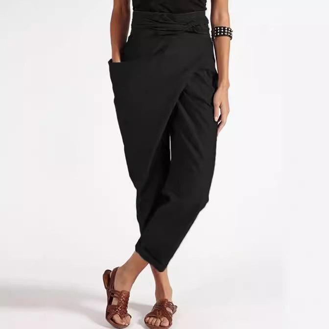 Damen nan Wickelhose aus Leinenmix mit hohem Taillenbund, überlappender Vorderseite und großzügiger Eingrifftasche R&B