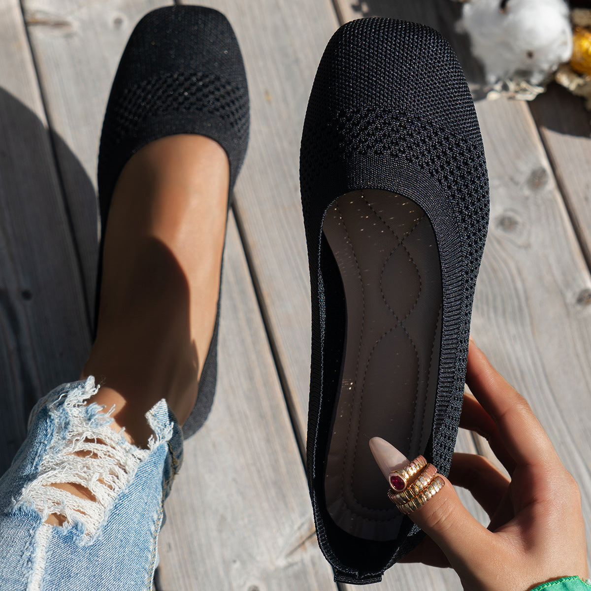 Damen Bequeme Slipper mit atmungsaktivem Strickdesign R&B