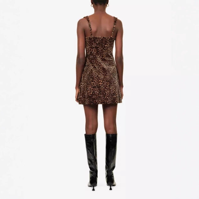 Damen figurbetontes Minikleid mit Leopardenmuster und eleganten Trägern R&B