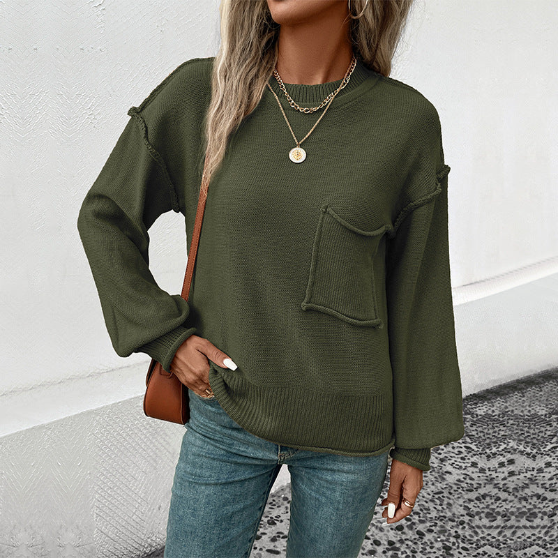 Damen lässiger Strickpullover mit aufgesetzter Tasche R&B