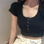 Damen Crop-Top-T-Shirt mit Knopfleiste und elastischem Bund