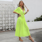 Damen elegantes Maxi-Kleid mit tiefem V-Ausschnitt und fließendem Rock R&B