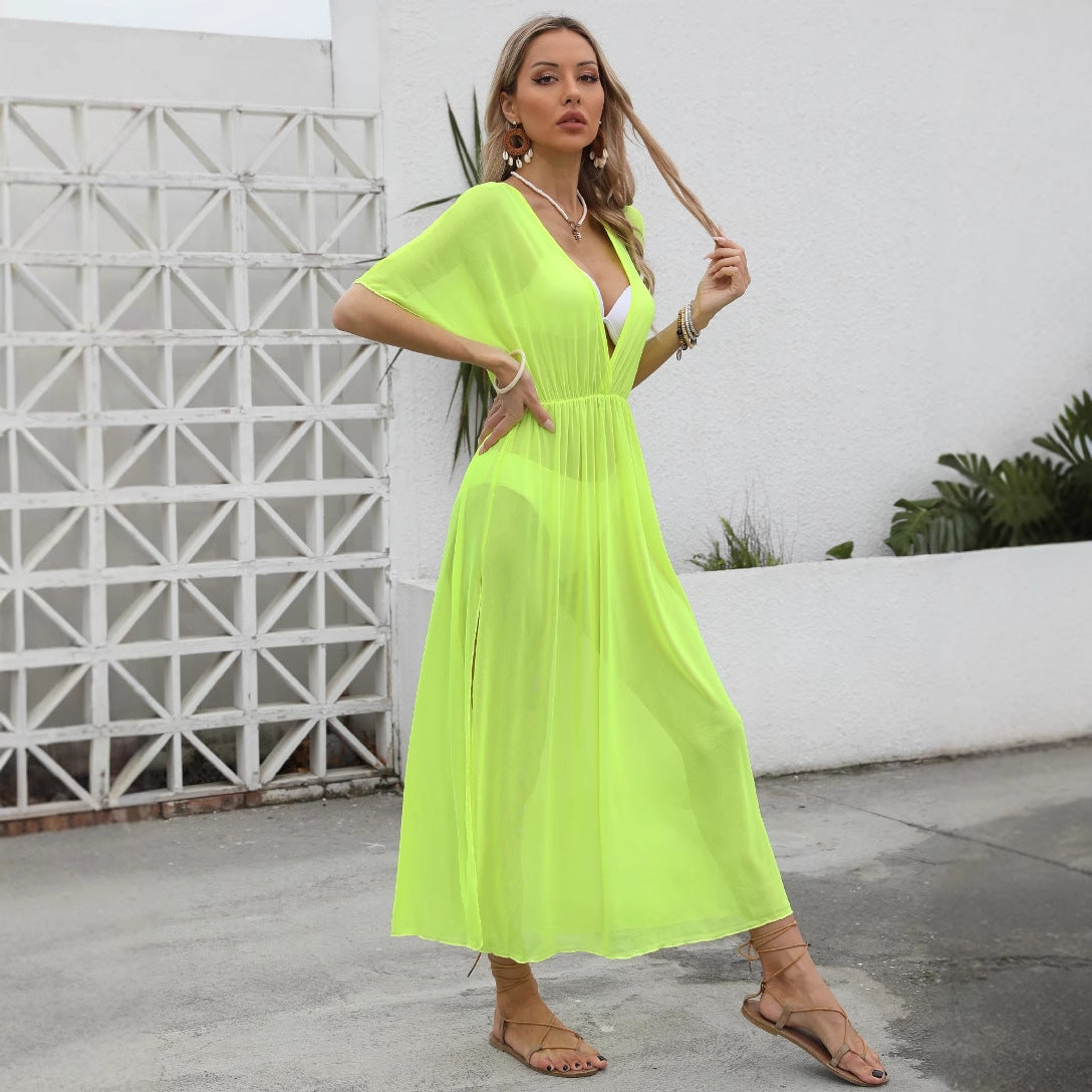 Damen elegantes Maxi-Kleid mit tiefem V-Ausschnitt und fließendem Rock R&B