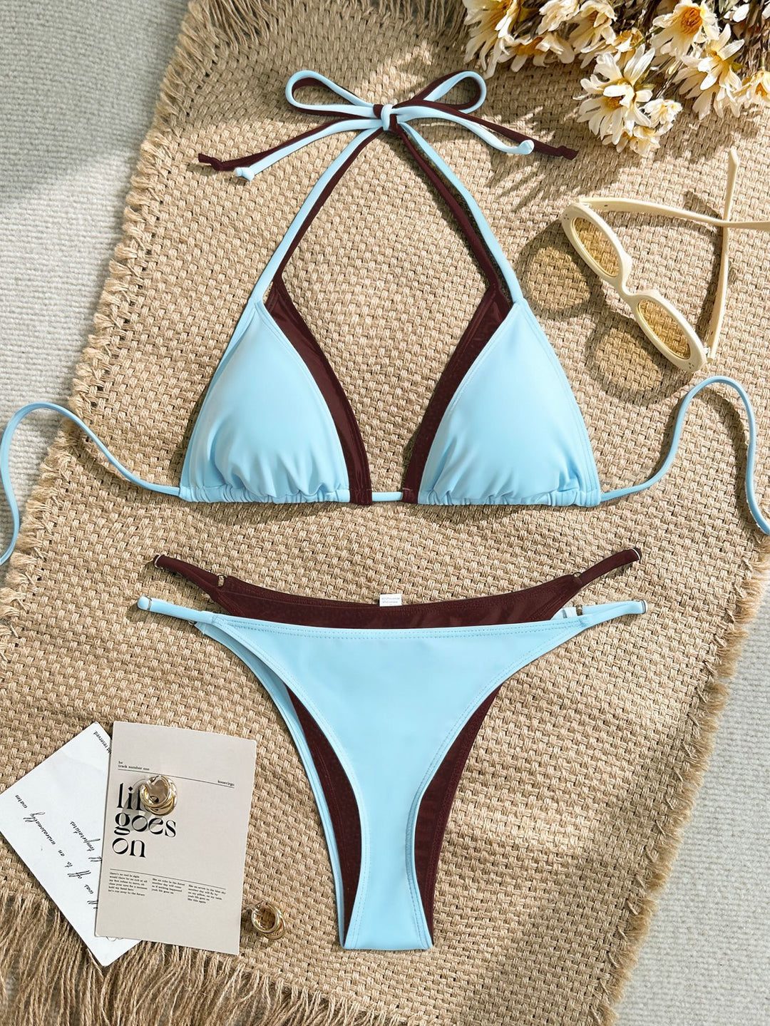 Damen Triangel-Bikini mit verstellbaren Trägern und kontrastrierendem Farbdesign R&B