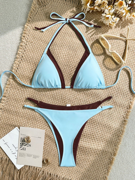 Damen Triangel-Bikini mit verstellbaren Trägern und kontrastrierendem Farbdesign R&B