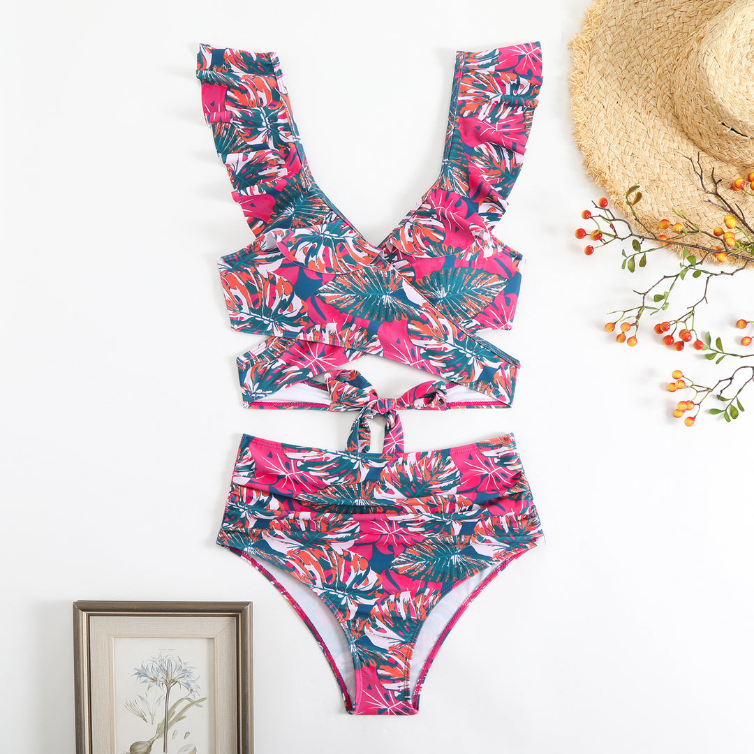 Damen Cropped Bikini-Set mit verspieltem Rüschendesign und elegantem Bindeträgersystem R&B