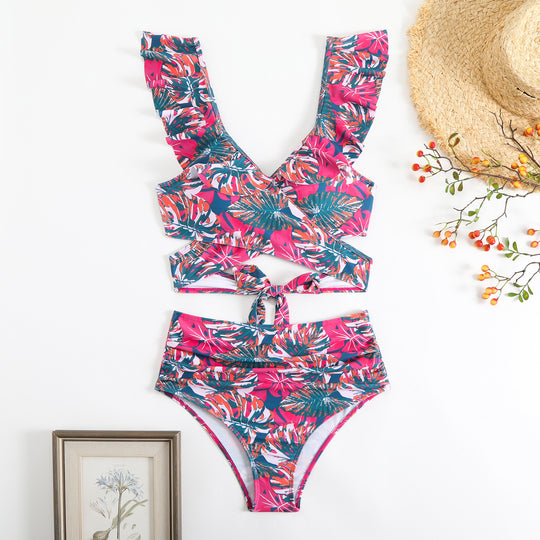 Damen Cropped Bikini-Set mit verspieltem Rüschendesign und elegantem Bindeträgersystem R&B