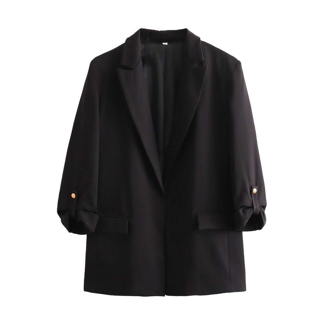Damen elegante Blazerjacke mit strukturierten Ärmeln und dezenten Goldakzenten R&B