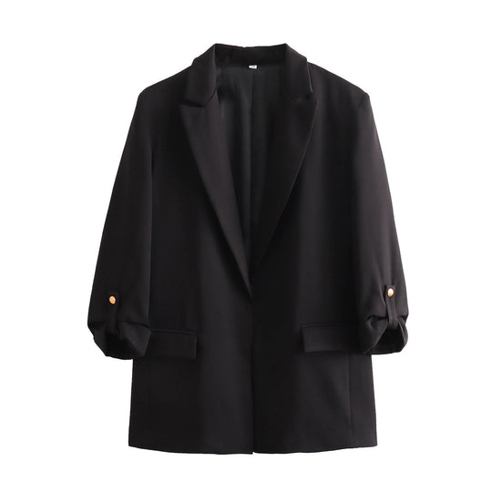 Damen elegante Blazerjacke mit strukturierten Ärmeln und dezenten Goldakzenten R&B