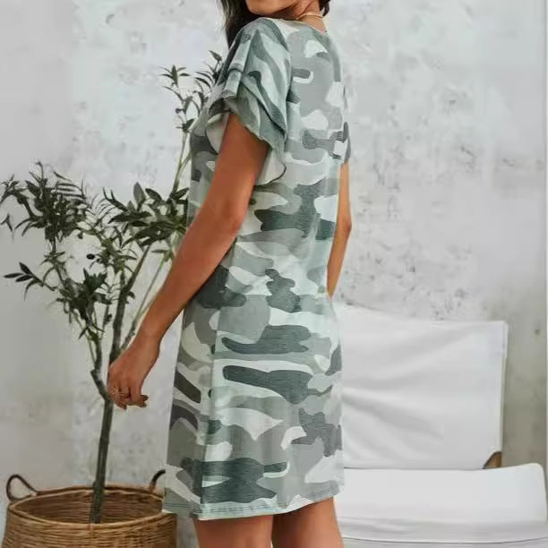Damen Freizeitkleid mit Rüschendetails und Camouflage-Design R&B