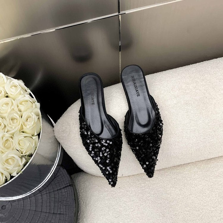 Damen elegante Mules mit glamourösem Paillettenbesatz R&B