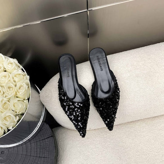 Damen elegante Mules mit glamourösem Paillettenbesatz R&B