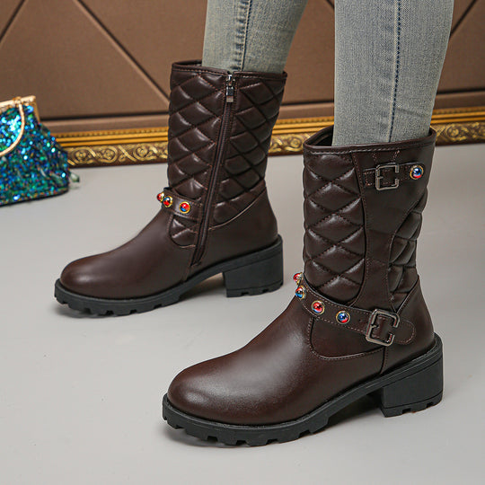 Damen modische Stiefeletten mit dekorativen Schmuckdetails und robustem Profil R&B