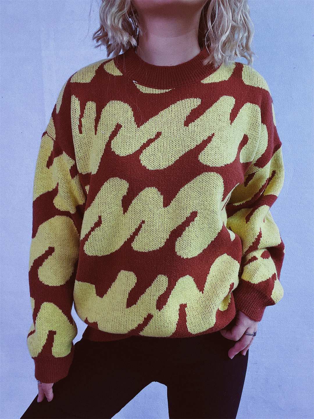 Damen lässiger Pullover mit modernem Farbblockdesign und voluminösen Ärmeln R&B