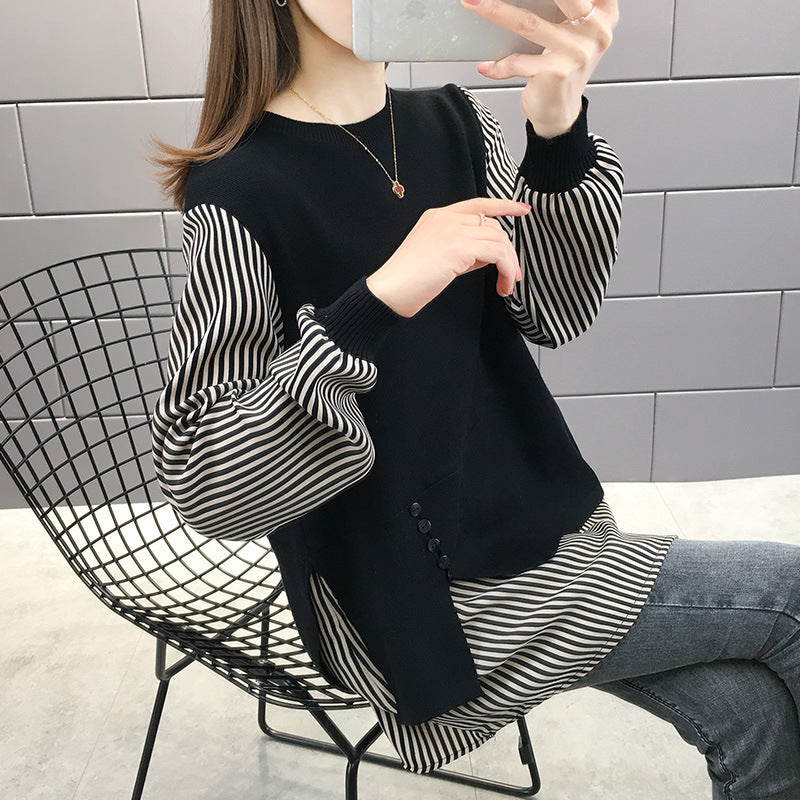 Damen Layered Sweatshirt mit gestreiften Ärmeln und Knopfdetails R&B