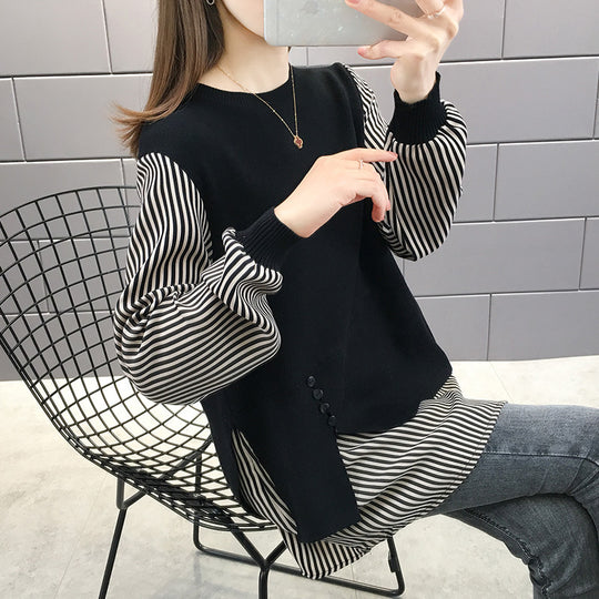 Damen Layered Sweatshirt mit gestreiften Ärmeln und Knopfdetails R&B