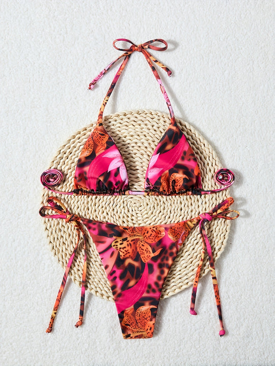 Damen Triangel-Bikini mit verstellbaren Bindebändern und animalischem Muster R&B