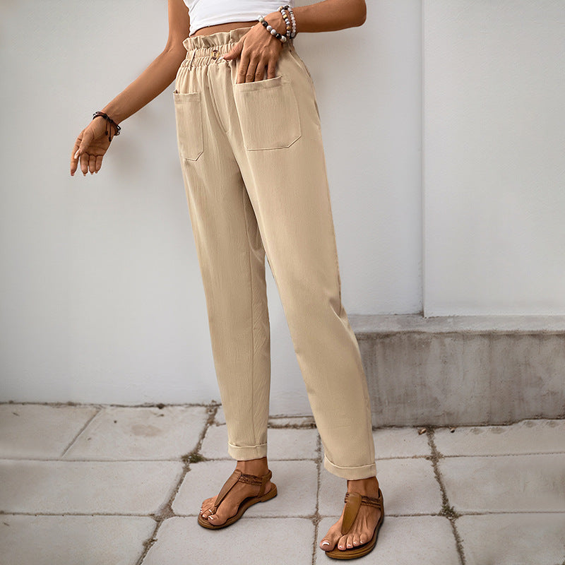 Damen lockere Stoffhose mit elastischem Bund und praktischen Taschen R&B