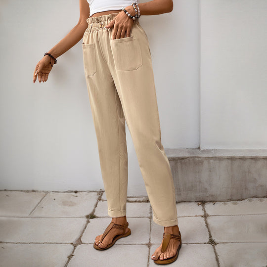 Damen lockere Stoffhose mit elastischem Bund und praktischen Taschen R&B