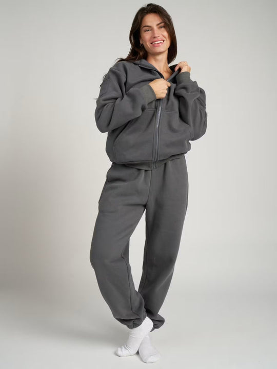 Damen sportlicher Fleece-Jogginganzug mit hochgeschlossenem Reißverschluss und elastischem Bund R&B