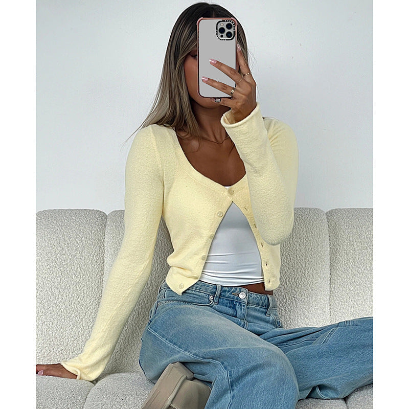 Damen Langarm-Crop-Top mit raffinierter Knopfleiste R&B