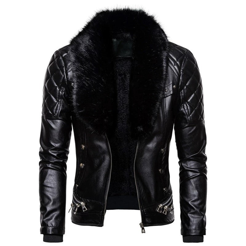 Herren Bikerjacke mit Kunstfellkragen und gesteppten Details R&B