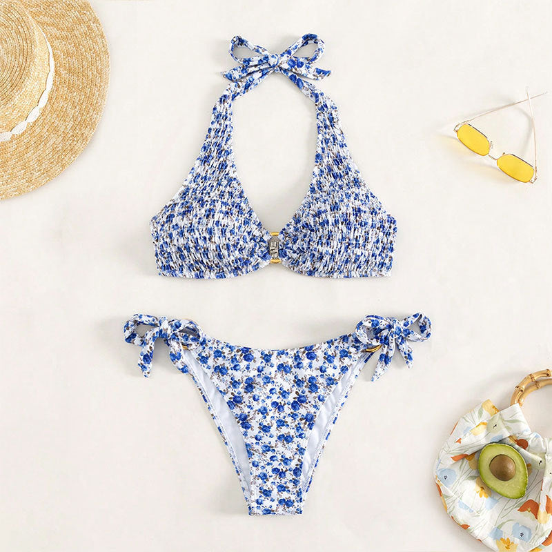 Damen Triangel-Bikini mit buntem Blumenmuster und verstellbaren Bindändern