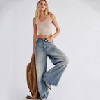 Damen Weite Denim-Hose mit fransigem Saum und hohen Schnitt R&B