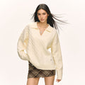 Damen Grob gestrickter Pullover mit V-Ausschnitt und Kragen