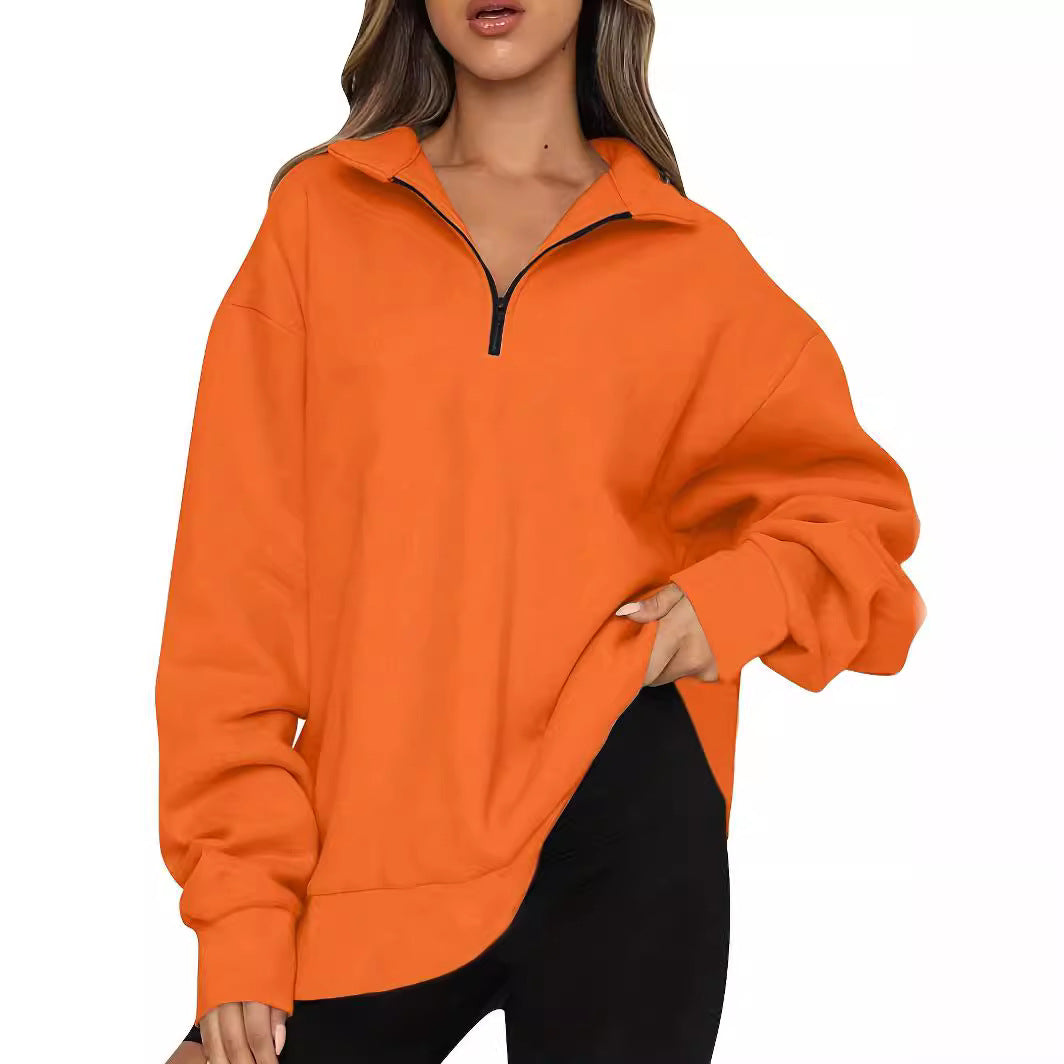 Damen nan Oversized Sweatshirt mit Kurzreißverschluss, Stehkragen und Kängurutasche R&B