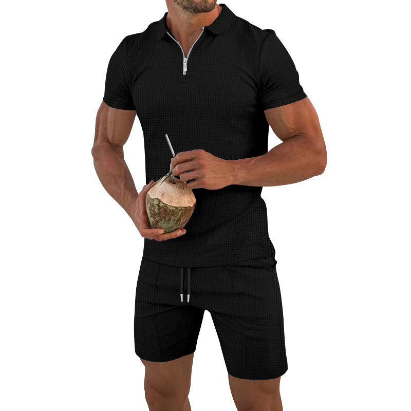 Herren lässiges Kurzarm-Set mit strukturiertem Polo und modischen Shorts R&B