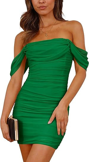 Damen figurbetontes Wickelkleid mit schulterfreiem Design R&B