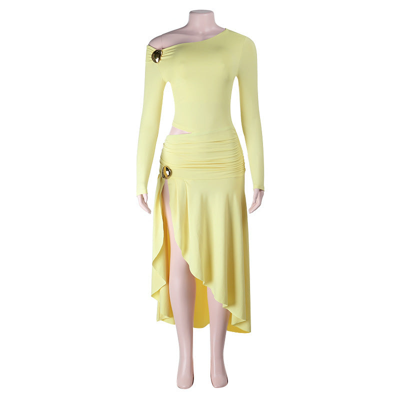 Damen asymmetrisches Wickelkleid mit schulterfreiem Design und knielangem Saum R&B