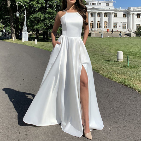 Damen Abendkleid mit raffiniertem Beinschlitz und schmalen Trägern R&B