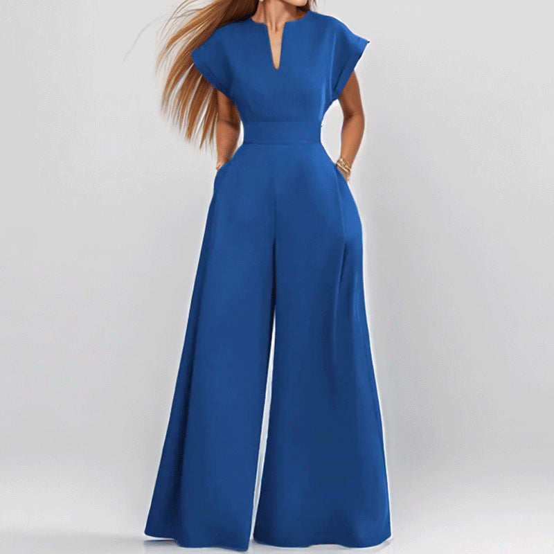 Damen Eleganter Jumpsuit mit Weitem Bein und Schalkragen R&B
