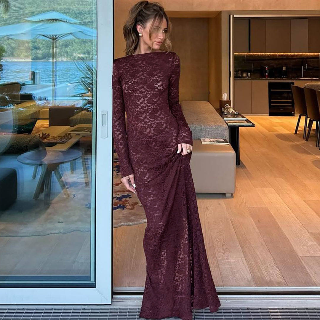 Damen Elegantes Spitzenmaxikleid mit langen Ärmeln R&B