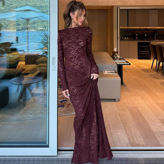 Damen Elegantes Spitzenmaxikleid mit langen Ärmeln R&B