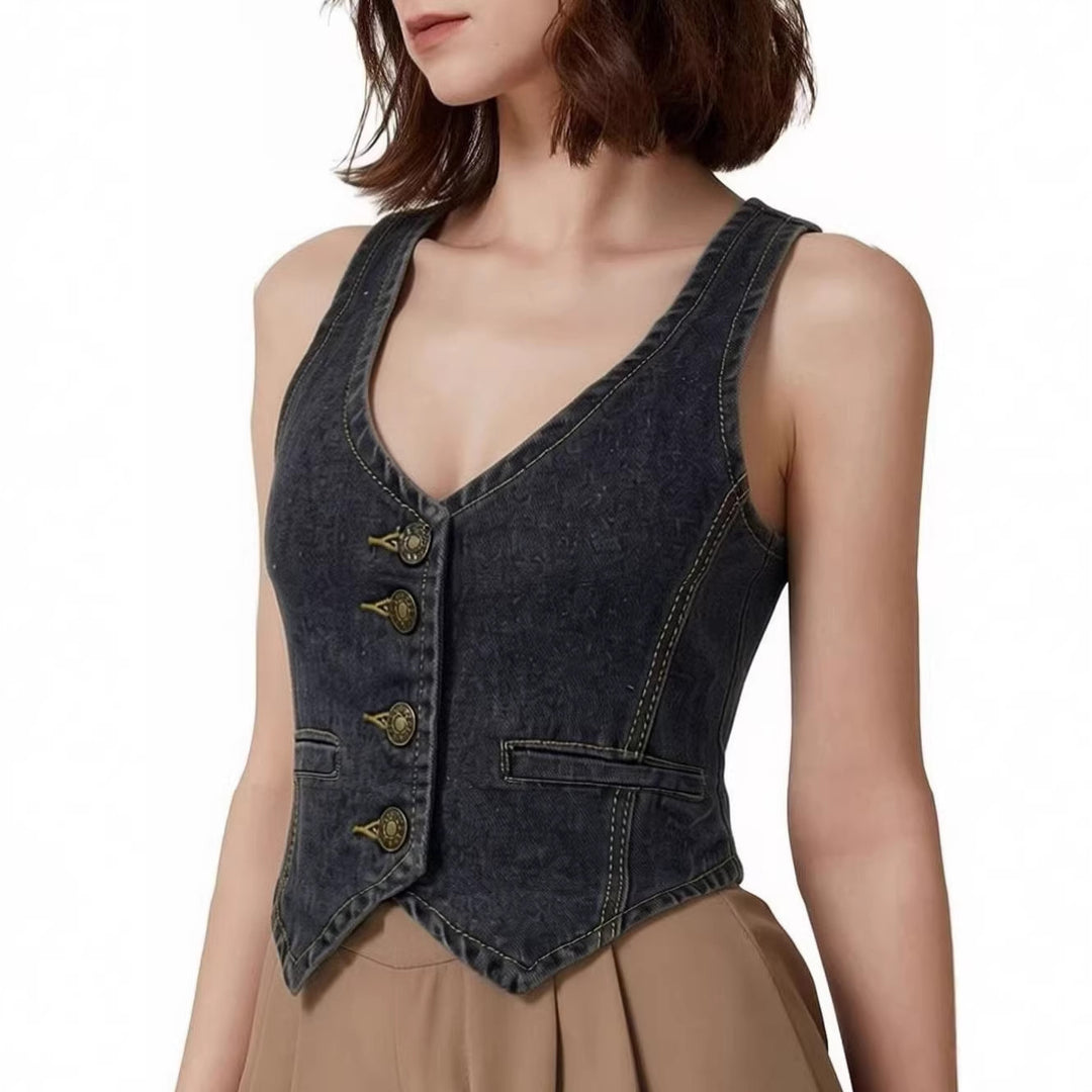 Damen Denim Bustier-Top mit Knopfdetails und verlängerter Silhouette R&B