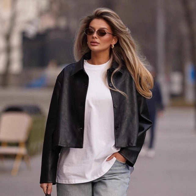 Damen Modische cropped Kunstlederjacke mit stilvollen Details R&B