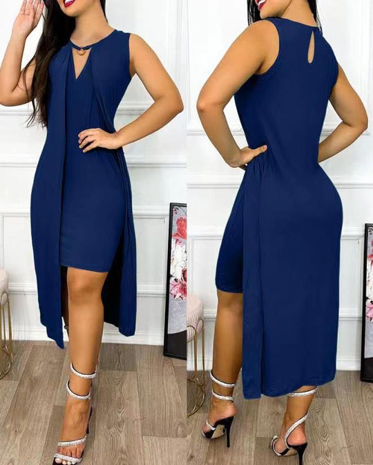 Damen ärmelloses Maxikleid mit tiefem V-Ausschnitt und seitlichem Schlitz R&B