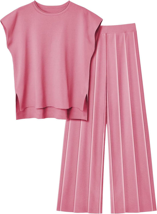 Damen elegantes Set mit kurzärmligem Oberteil und plissierter Hose R&B