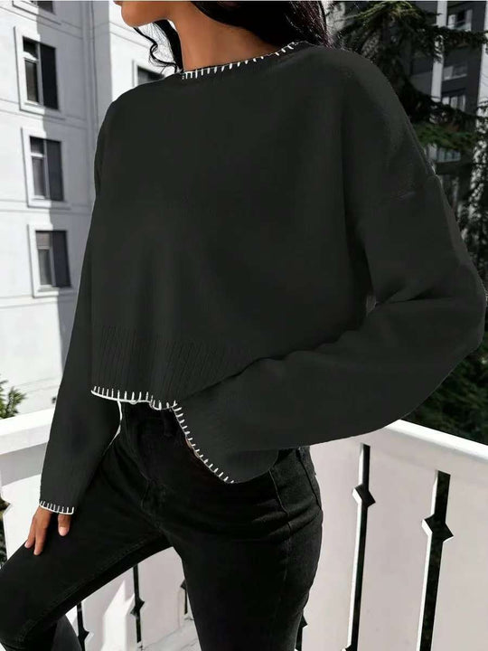 Damen lässiger Strickpullover mit kontrastierenden Nähten und cropped Schnitt R&B