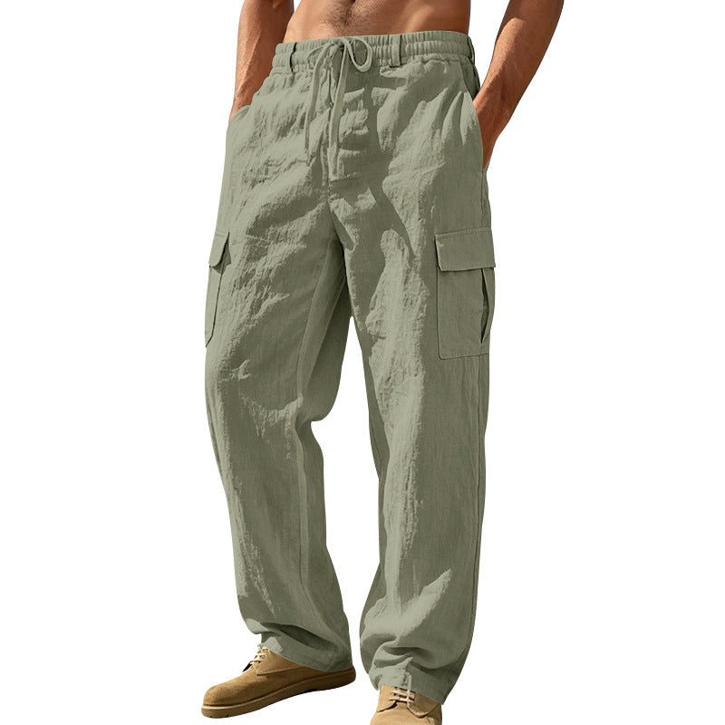 Herren nan entspannt geschnittene Strand-Cargohose aus Leinenblend mit elastischem Tunnelzug und zweifacher Klapptasche R&B