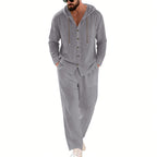 Herren nan zweiteiliges Lounge-Set mit Knopf-Kapuzenhemd aus Kreppjersey und gerader Tunnelzughose R&B