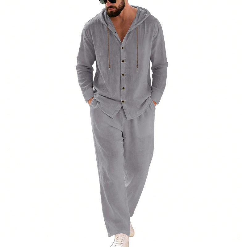 Herren nan zweiteiliges Lounge-Set mit Knopf-Kapuzenhemd aus Kreppjersey und gerader Tunnelzughose R&B