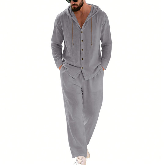 Herren nan zweiteiliges Lounge-Set mit Knopf-Kapuzenhemd aus Kreppjersey und gerader Tunnelzughose R&B